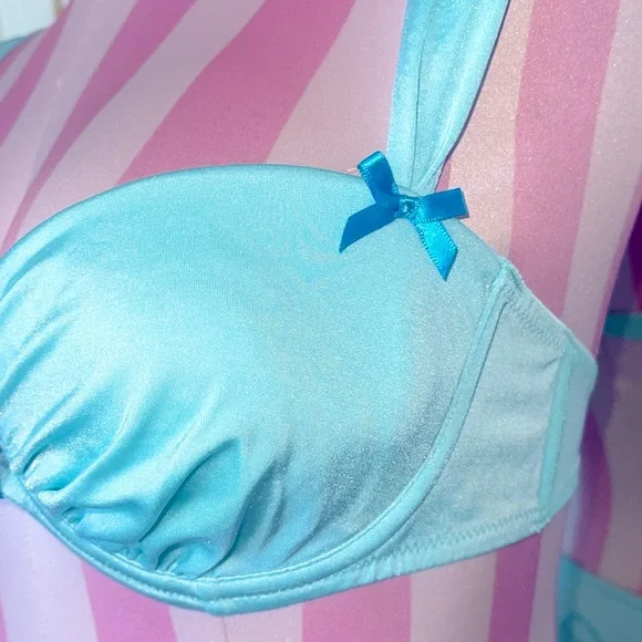 VS 2 PC Bride Tiffany Blue Wedding Demi Lined Bra Bling Bow Panties - Picture 5 of 9